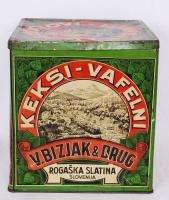 Zománcozott fém nagy doboz, szlovén keksz reklámmal, viseltes állapotban, 24×22×22 cm/ Slovenian biscuit enamel metal box