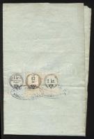 1862 Jegyzőkönyv 2kr + 12kr okmánybélyeg + 1kr Hirdetménybélyeg vegyes felhasználással