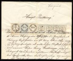 1860 Nyugta 2x 15kr + 60kr okmánybélyegek + 4x 1kr Hirdetménybélyeg vegyes felhasználásával