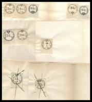 14 db régi okmánybélyeg + 1 szignetta papírlapokon, felhasználatlanul (3 db áthúzással érvénytelenítve)