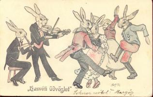 Easter dancing rabbits, artist signed (EK)