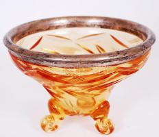 1872-1922 Metszett színes üvegtál, 800/1000-es tisztaságú pesti jelzéssel és "ZsM" mesterjeggyel ellátott ezüst (Ag) szegéllyel /  Colored cut glass bowl with silver edge, marked 800 fineness Pest "Dianakopf" and maker's mark, 11cm, d:16cm