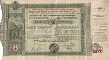 1882. "Magyar szent korona országainak vörös-kereszt egylete" Kisorsolási kötvény 5Ft-ról osztrák pecséttel