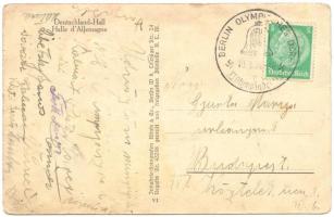 1936 Képeslap a berlini olimpiáról magyar olimpikonok saját kezű aláírásaival Kuti Jenő, Kálmán József, Riheczky János, Sóvári Kálmán, Vincze Gyula, Gelle Sándor, Palotás József és Kárpáti Károly aranyérmes birkózó