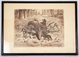Olvashatatlan jelzéssel: Vadászat. Rézkarc, papír, üvegezett keretben, 25×35 cm