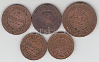 Oroszország 1894. 2k + 1908. 3k + 1909. 2k + 1913. 1k + 1915. 1k T:2,2-,3 Russia 1894. 2 kopeks + 1908. 3 kopeks + 1909. 2 kopeks + 1913. 1 kopeks + 1915. 1k C:XF,VF,F