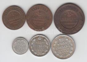 Oroszország 1878. 2k + 1898. 3k + 1900. 1k + 1911. 5k Ag + 1913. 15k Ag + 1914. 20k Ag T:2,2-3 Russia 1878. 2 kopeks + 1898. 3 kopeks + 1900. 1 kopek + 1911. 5 kopeks Ag + 1913. 15 kopeks Ag + 1914. 20 kopeks C:XF,VF,F