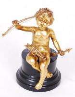 Aranyozott bronz Ámor-szobrocska fa talapzaton /  Gold plated bronze Cupid statuette on wooden stand, 8cm