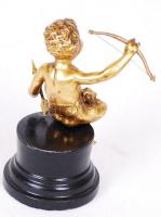 Aranyozott bronz Ámor-szobrocska fa talapzaton / 
Gold plated bronze Cupid statuette on wooden stand...