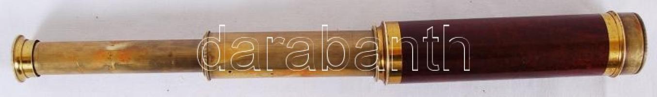 cca 1900 Tengerészeti teleszkópos réz látcső fa burkolattal, lencsevédővel, eredeti tokjában (a tok ...