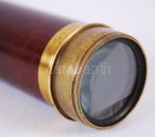cca 1900 Tengerészeti teleszkópos réz látcső fa burkolattal, lencsevédővel, eredeti tokjában (a tok ...