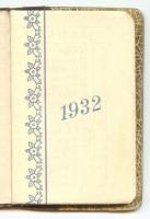 1932 Tárcanaptár félbőr kötésben gyöngyház hatású kötéstáblákkal, aranyozott lapszélekkel, használat...