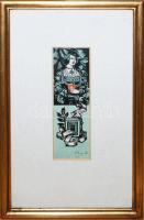 Fery Antal (1908-1994): Ex libris, színezett linó , papír, üvegezett keretben, 39×23 cm