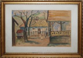 Olvashatatlan jelzéssel: Az udvar. Akvarell , papír, üvegezett keretben, 46×59 cm