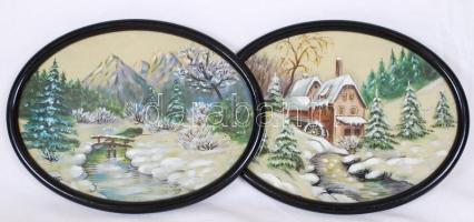 Két darab festett selyemkép, ovális keretben 19×25 cm
