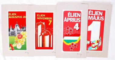Olvashatatlan jelzéssel: 3 db szocialista ünnepek és aug.20, kollázs, papír, kartonra ragasztva 28×16 cm