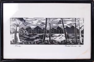 Szabó Sándor: Alkony 1971. Linó, papír, üvegezett keretben, 20×29  cm