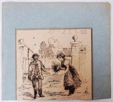 Mednyánszky jelzéssel: Találkozás. Tus, papír, 13×14 cm, (sérült papír)