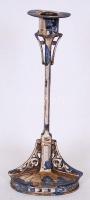 Szecessziós ezüstözött ón gyertyatartó, jelzett, m:21 cm, viseltes állapotban/ Art noueau style tin candlestick