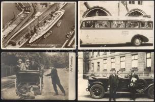 41 db régi, főleg háború előtti közlekedési tematikájú képeslap (automobil, hajó, repülő, vasút, fiáker, busz, bicikli), közte több fénykép