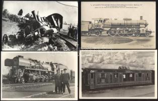 29 db régi és modern, mozdonyt és vonatot ábrázoló fénykép és képeslap, benne a "Gőzmozdonyok munkában" nevű német 86-os számú gőzmozdony sorozat