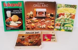 Sütés, főzéssel kapcsolatos könyv tétel: A zöldség, a gyümölcs és a szépség., Főzni jó., Régi és új ízek., Fakanál., Grill ABC. Összesen öt darab.