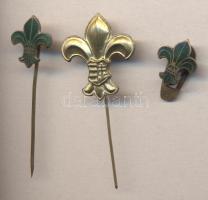 ~1940. 3db különféle cserkész jelvény/gomblyukjelvény, kettő zománcozott (szign.:Hawel) P. T:2