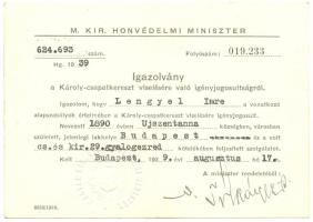 1939 Igazolvány Károly-csapatkereszt viselésére való igényjogosultságról