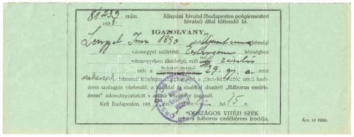 1939 Az Országos Vitézi Szék igazolása Háborús Emlékérem adományozásáról