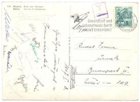 1947 A Ferencváros labdarúgóinak (Kocsis, Gyulai, Csanádi, Henni stb.) aláírása baseli képeslapon