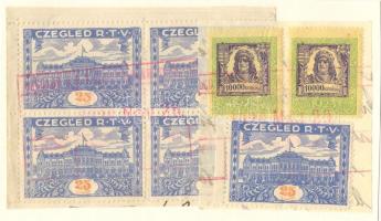 1926 2db illetékbélyeg-kivágás: Cegléd városi illetékbélyeg 25f lemezhibás négyes tömbben lemezhibás 10000K bélyegpárral