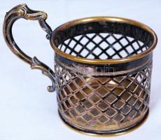 Ezüstözött alpakka pohár tartó, jelzett, m:9 cm, d:8 cm