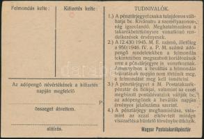 1946. 100.000AP pénztárjegy "Másra Át Nem Ruházható" és "M.Kir.Postatakarékpénztár T....