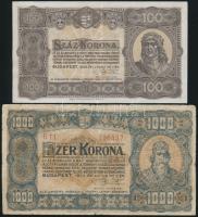 1912. 100K piros "Magyarország" felülbélyegzéssel + 1920. 1000K "Orell Füssli Zürich" + 1923. 100K + 1000K "Magyar Pénzjegynyomda Rt." T:II,III,III-
