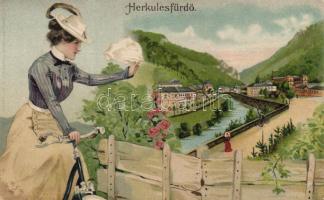 Herkulesfürdő, cyclist lady litho