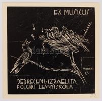 Vadász Endre (1901-1944): Ex Musicus Debreceni Izraelita Polgári Leányiskola, linómetszet, jelzett, 8,5x8,5cm