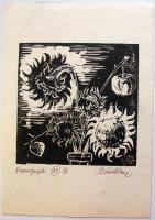 Szánthó Imre (1925-1998): Szentendre-Napraforgók, linómetszetek névnapi üdvözlettel, jelzett, kézzel...