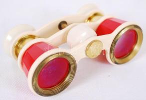 Bakelit borítású retro színházi látcső bőr tokban /  Retro bakelite and metal binoculars in leather case