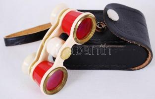 Bakelit borítású retro színházi látcső bőr tokban / 
Retro bakelite and metal binoculars in leather ...