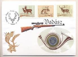 1964. 20f "Dánbak-fogoly-őzpár-mufflon-vadkan - Vadász" érmés bélyeges boríték alkalmi bélyegzővel T:2