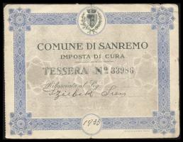 Olaszország / Sanremo 1933. &quot;Ápolási díj&quot; bizonylat T:III Italy / Sanremo 1933. &quot;Tax Treatment&quot; bill C:F