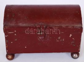 Cca 1910 festett fém ládika, működő zárral, m:12 cm, h:18 cm, sz:11 cm