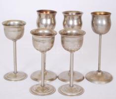 Kétféle formájú fém likőrös poharak, összesen: 6 db, m:9, 12 cm