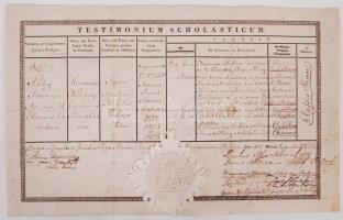 1827 Testimonium Scholasticum, Faculatate Juridica Regia Scinetiar. Universitatis: egyetemi bizonyítvány a Pesti Egyetem Jogi Fakultásáról