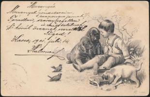 Dogs, boy, litho, Emb. (pinhole)