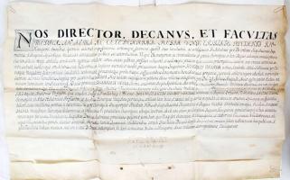 1780 A Budai Egyetem orvosi fakultásának pergamen oklevele Trnka Vencel (1739-1791) dékánsága idején aláírások és függőpecsét nélkül /  Medical diploma on vellum, 45x70cm