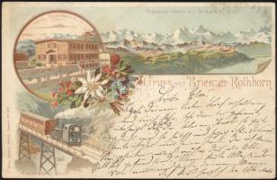 Brienzer Rothorn mountain, Hotel Rothorn Kulm, Mühlebach Viaduct with train litho