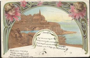 Greeting card, bay, church, a couple, litho Emb. (fa)
