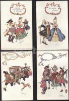 8 db művészlap, katonai humor és újévi, születésnapi üdvözlés téma, pinx. Schönpflug (non pc)