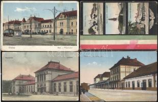 4 db régi városképes lap a történelmi Magyarország területéről, mindegyik vasútállomással